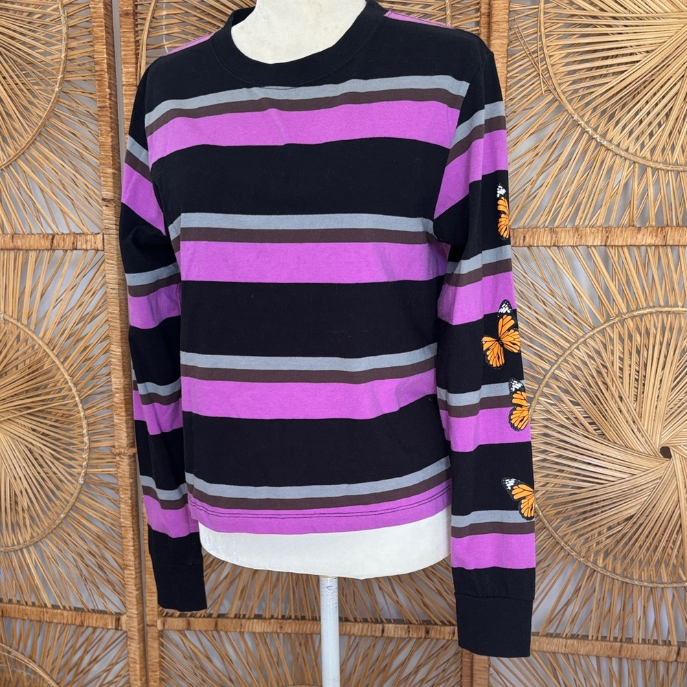Striped Black and Purple Sweater with Butterfly Accents